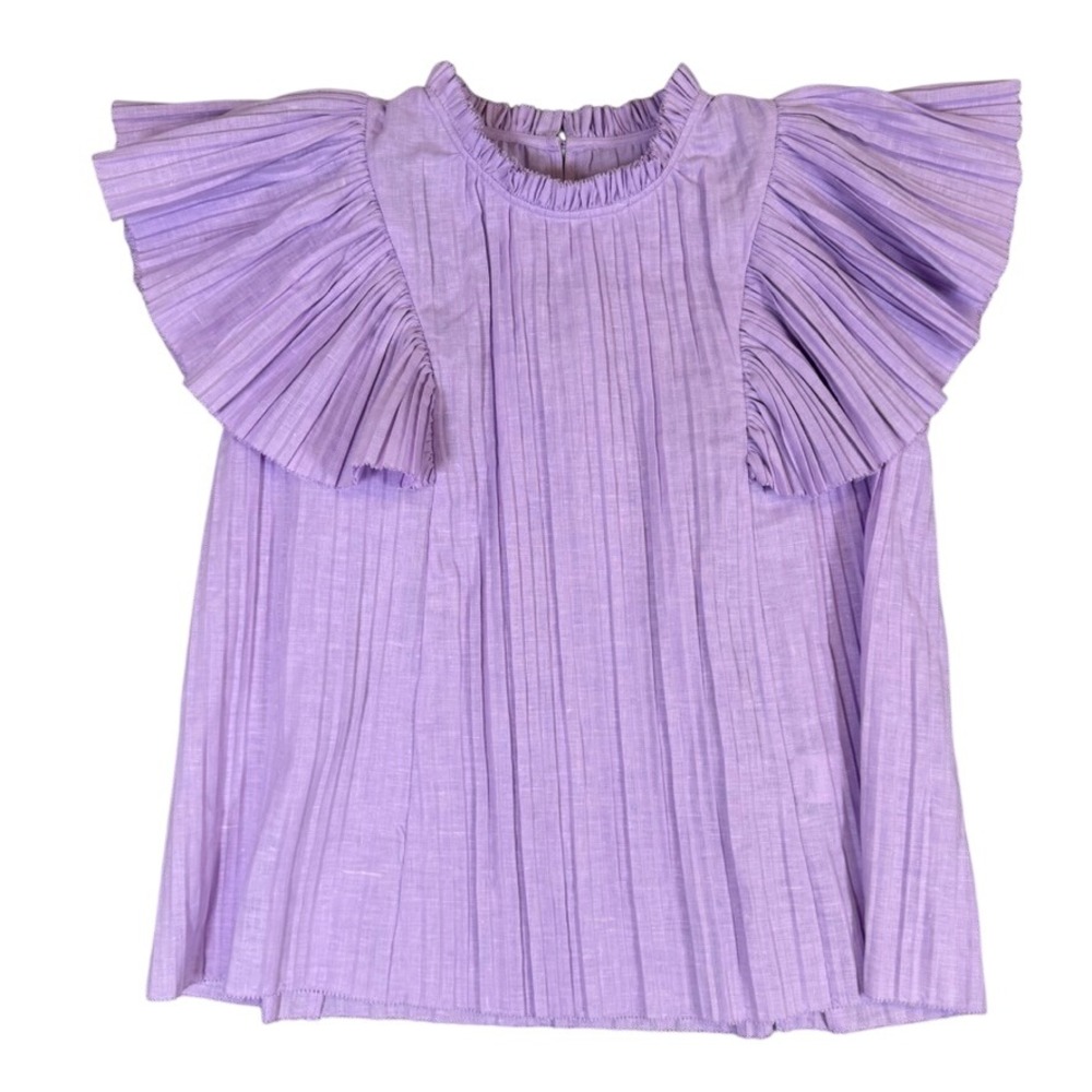 Lavender Pleated Flutter Sleeve Blouse Ruffle Neck Keyhole Back Purple Top